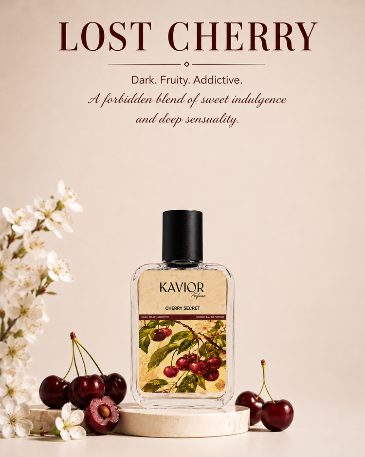 KAVIOR Cherry Secret inspired perfume banner - A dark, fruity, and addictive luxury blend.