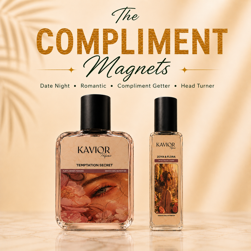 Compliment Magnets Collection featuring Temptation Secret and Zoya & Flora luxury inspired perfumes by KAVIOR.
