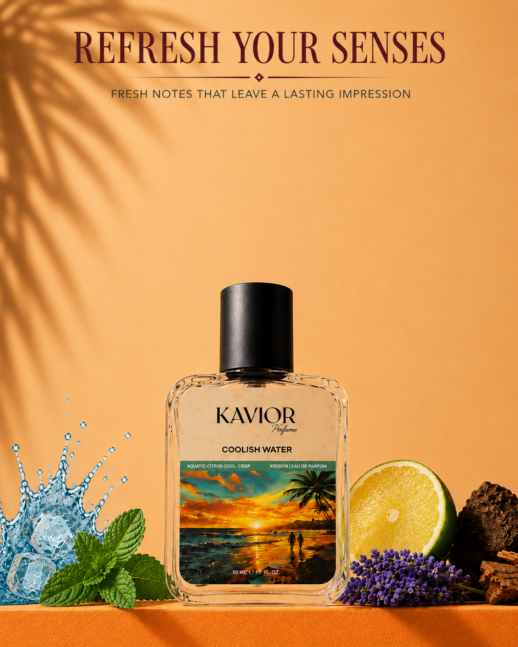 KAVIOR Coolish Water inspired perfume banner featuring fresh, lasting aquatic and citrus notes.
