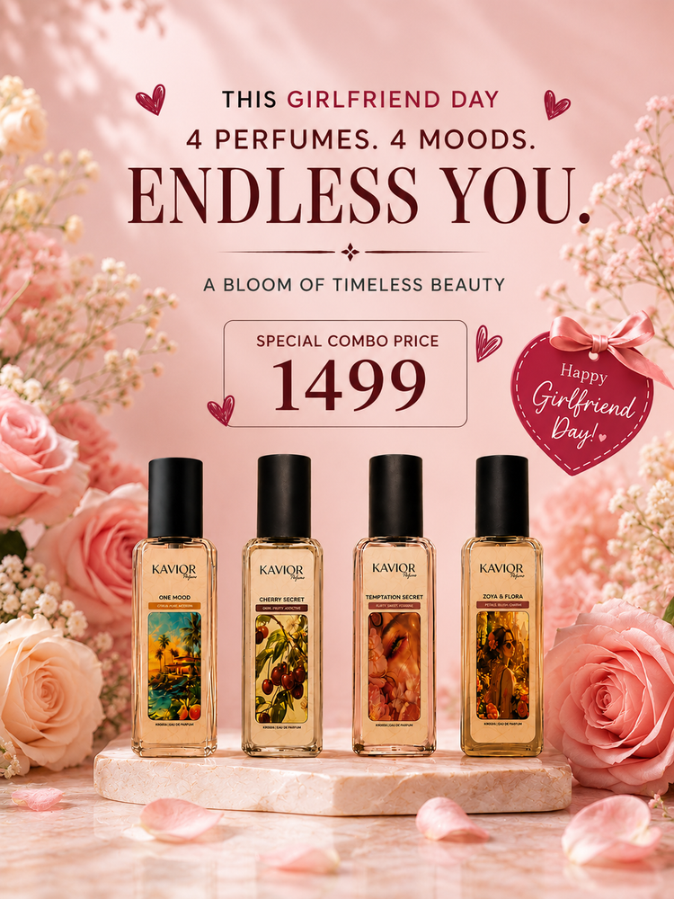 KAVIOR Girlfriend Day mobile banner showcasing four premium perfumes—One Mood, Cherry Secret, Temptation Secret, and Zoya & Flora—in a romantic pink floral setting with a special combo price of ₹1499, perfect for gifting.