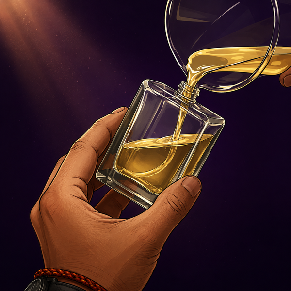 Close-up digital illustration of premium perfume being poured into an empty KAVIOR glass perfume bottle during the fragrance production process. | KAVIOR Premium Fragrances