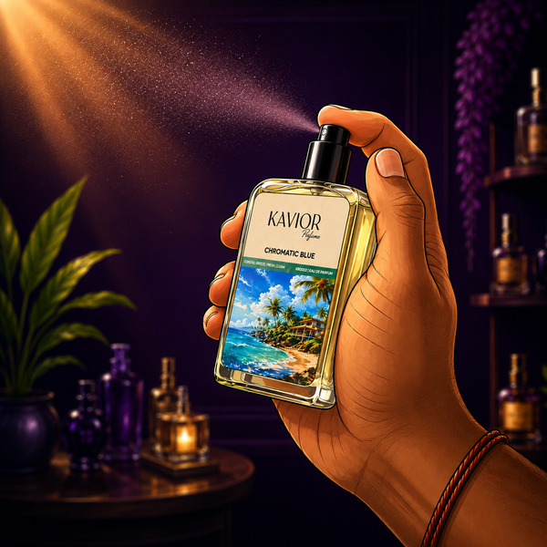 Close-up illustration of a hand spraying KAVIOR Chromatic Blue Eau De Parfum with premium lighting and luxury fragrance presentation. | KAVIOR Premium Fragrances