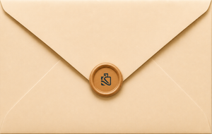 Premium KAVIOR official brand logo icon embossed on a classic tan wax seal over a luxury beige gift envelope.