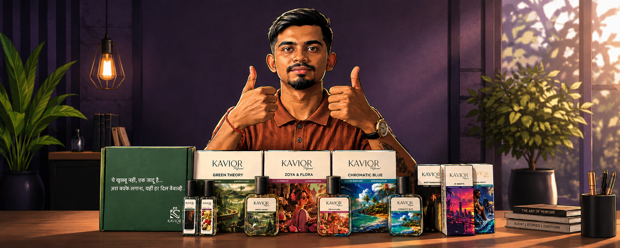 Digital illustration of the KAVIOR founder presenting the complete inspired perfume collection, including Zoya & Flora, Green Theory, Chromatic Blue, and travel perfumes.