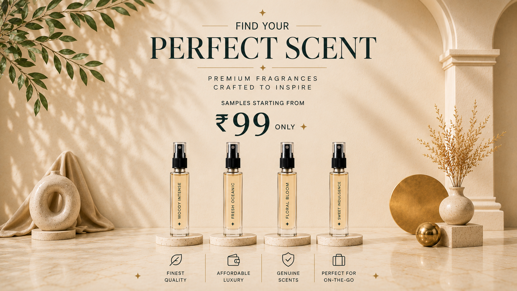 KAVIOR premium perfume sample kit banner featuring four fragrance sample bottles in a luxury beige setting with elegant typography and samples starting from ₹99.