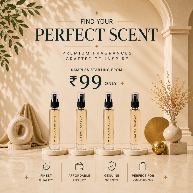 Square mobile banner showcasing KAVIOR premium perfume sample kit with four fragrance sample bottles, luxury beige background, and samples starting at ₹99.