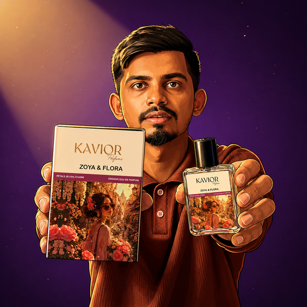 Digital illustration of the KAVIOR founder holding the Zoya & Flora perfume bottle and perfume box in a luxury promotional artwork. | KAVIOR Premium Fragrances