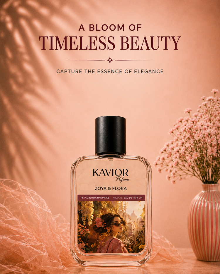 KAVIOR Zoya & Flora premium inspired floral fragrance banner celebrating elegant and timeless beauty.